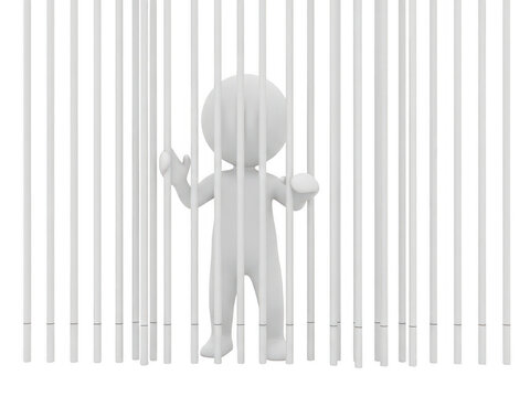 3d white character standing behind metal prison bars