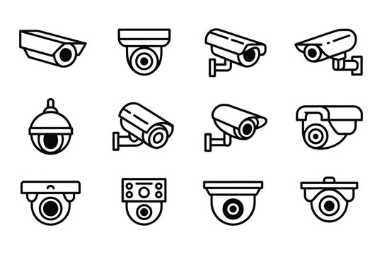 Set of outline security camera icons,