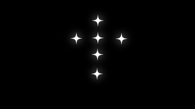 White cartoon twinkle star sparkle animation on black screen background, glowing vector doodle stars, blinking shine light effect, transparent overlay for festive videos. 4k