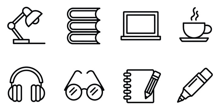 Remote work and study outline icons set. Desk lamp, books, laptop, coffee cup, headphones, glasses, notebook and marker. .