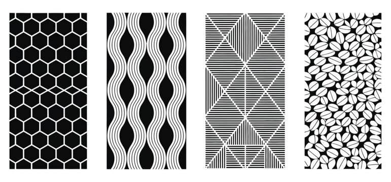 Abstract seamless patterns set. Black and white geometric and natural textures. .