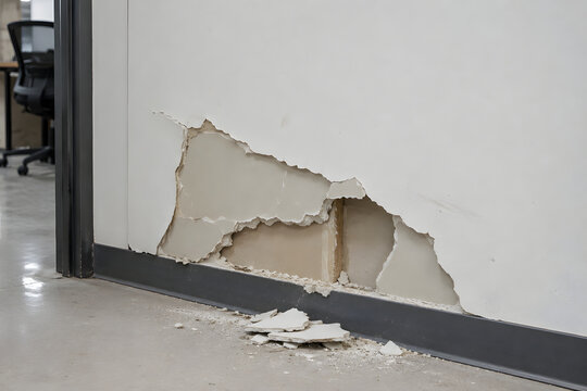 Damaged office drywall exposing gypsum and wall stud