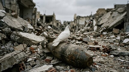 Obraz premium Dove of Peace Perched on Unexploded Bomb Amidst WarTorn City Ruins.