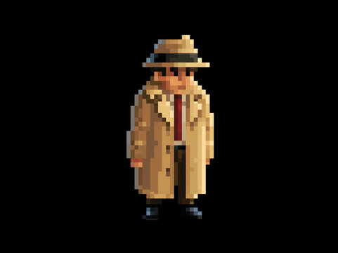 A pixel art illustration of a detective in a trench coat and fedora, standing stoically AI generative
