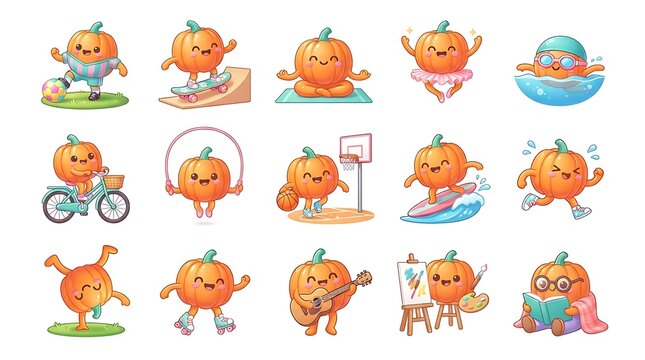 Active pumpkin character set participating in sports and hobbies with character swimming painting basketball exercise energetic lifestyle seasonal illustration collection activities
