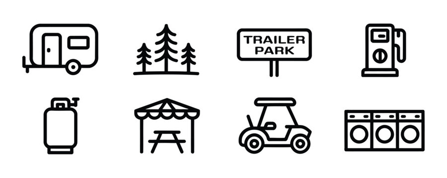 Trailer Park Amenities and Facilities Line Icons Set,