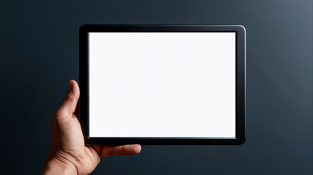 Elegent photo of A hand holding a blank tablet device against a solid dark gray background. Ideal for digital marketing mockups and app interface display concepts.