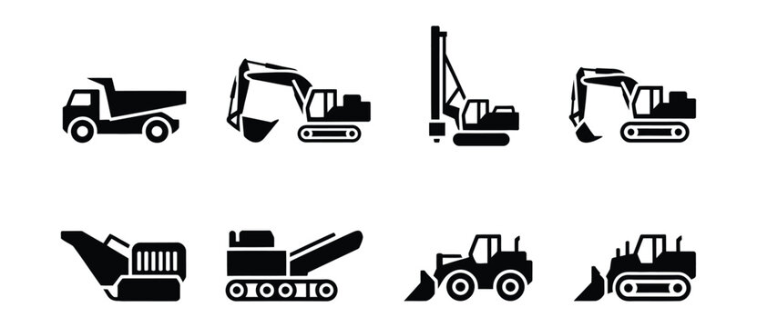 Heavy Construction and Earthmoving Equipment Silhouette Icons Set,
