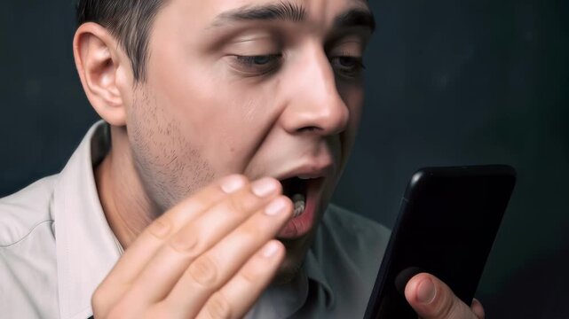 Shocked man looking at smartphone screen with wide eyes and open mouth. Close-up of intense facial expression during mobile device use. Handheld camera movement.