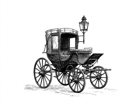 An old horse-drawn carriage with a lantern on the side, in black and white AI generative