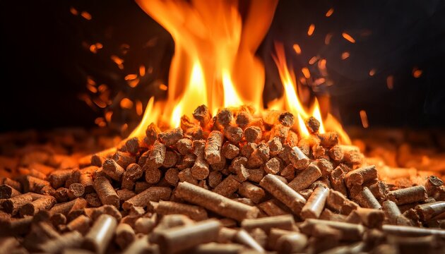a close up of glowing wood pellets with vibrant flames illustrating the warmth and energy from burning biomass fuel