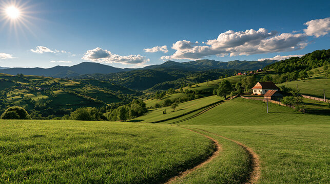 Elegent photo of A serene green valley with a rustic farmhouse under a sunny blue sky. Perfect for travel tourism and rural living lifestyle campaigns.