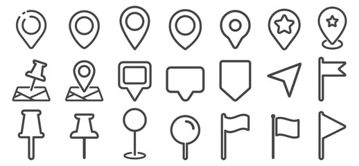Fototapeta premium Location and pin icon set with map markers and flags. Navigation and geolocation symbols on transparent background.