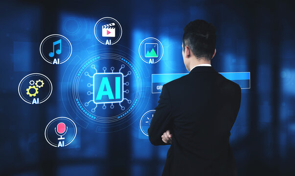 Business Professional Observing Artificial Intelligence Technology with Multimedia Icons and Data Visualization in Modern Office Environment Quark.