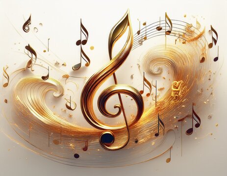 musical notes dancing around golden treble clef symbolizing melodic rhythm floating on white background