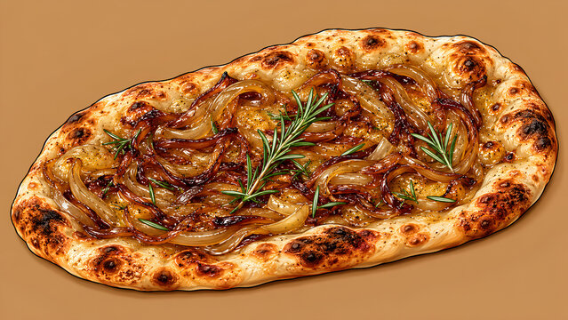 Flatbread pizza with caramelized onions and rosemary