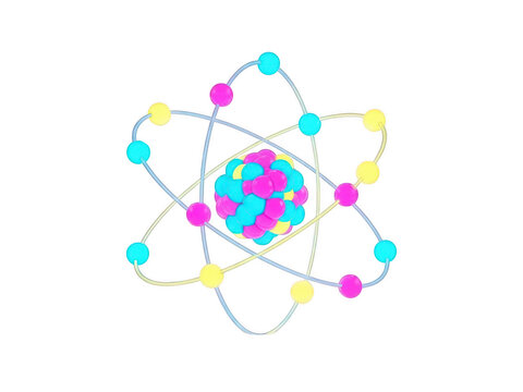 Colorful atom model with electrons orbiting a nucleus