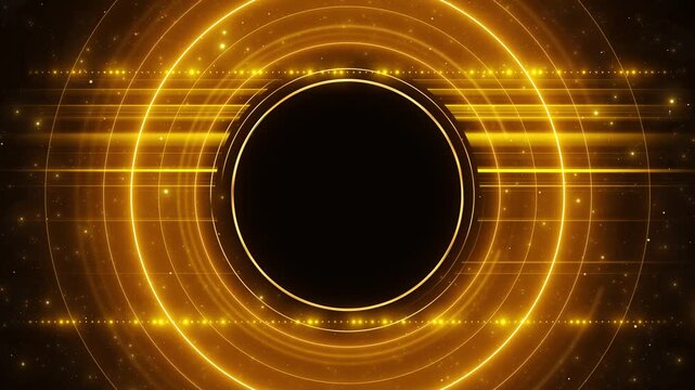 Bright golden rings dark central disc as horizontal light streaks sweep through a futuristic particle scene. Ideal for 19 intros, logo reveals, energy themes, digital titles,