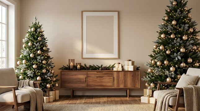 Modern cozy living room with two decorated christmas trees and holiday gifts setup