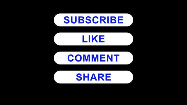 Motion graphics overlay with animated subscribe like comment share buttons for tv and online use. Modern clean interface design motion graphics of social media buttons subscribe like comment share.