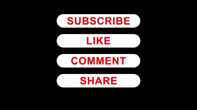 Motion graphics overlay with animated subscribe like comment share buttons for tv and online use. Modern clean interface design motion graphics of social media buttons subscribe like comment share.