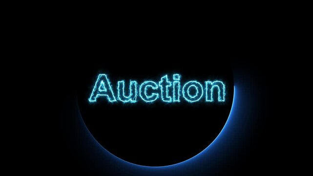 Blue neon glowing auction text animation electric energy light flash sale bidding 4k hd. Animated blue neon auction text sequence motion graphics promo opener 4k ultra hd.