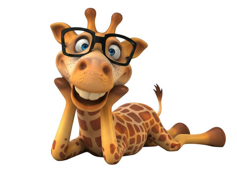 Cute cartoon giraffe character wearing glasses resting on the floor