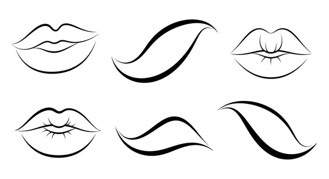 Minimalist vector illustration of closed lips and eyelashes, black and white line art