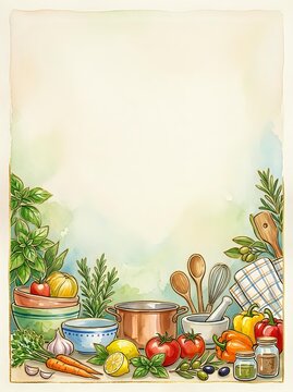 Watercolor kitchen border with vegetables, herbs, cooking utensils and pots, copy space for text, recipe card or menu design.