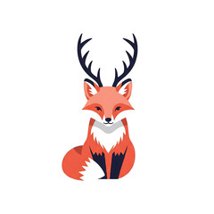 Cute fantasy red fox with deer antlers vector illustration isolated on white background flat design animal logo symbol © zaviratu