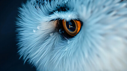 Naklejka premium Extreme macro closeup of snowy owl eye with vivid golden orange iris and soft white plumage with water droplets against dark blue background.