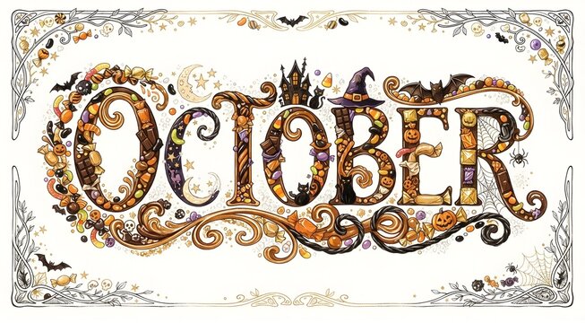 October text mde by candies, sweets and toffes in illustration style