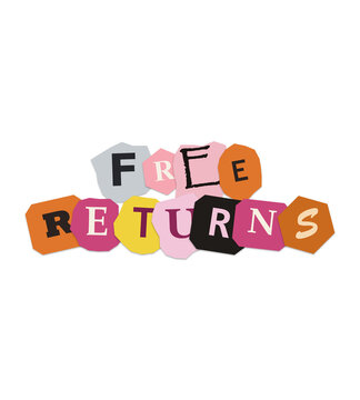 Free returns text sign with colorful paper cut out letters