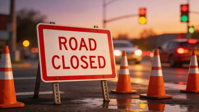 Road closed sign with traffic cones