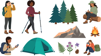 Hiking camping vector set with people trekking mountains tent campfire binoculars compass pine trees and outdoor adventure elements © Rukhsana