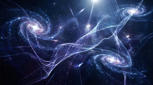 Cosmic spiral galaxies with glowing energy waves and stardust particles flowing through deep space, featuring swirling nebulae and luminous light trails for astronomy and science backgrounds.
