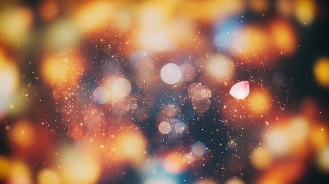 Glowing bokeh lights for Hindu festival background. Abstract golden sparkles with festive petal falling. Celebration event backdrop for Ganesh Chaturthi display.
