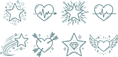 Fototapeta premium Set of star and heart symbols with creative designs for tattoos or stickers shooting stars lightning bursts and romantic elements.