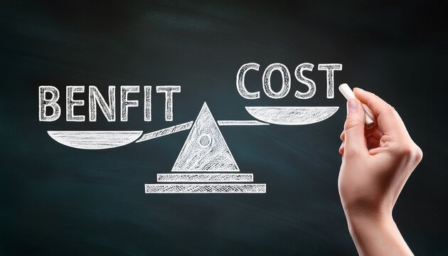a hand is drawing a balance scale comparing benefit and cost on a chalkboard