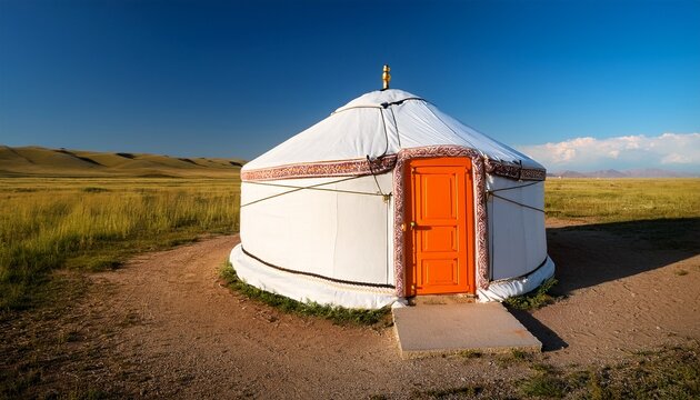 traditional white yurt in the steppe with vibrant orange door