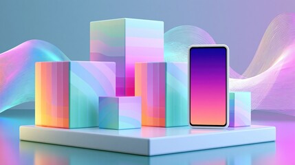 Fototapeta premium Delivery boxes and blank smartphone on glossy platform with holographic commerce waves