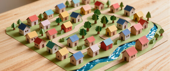 Obraz premium A panoramic isometric view of a miniature paper town diorama featuring colorful folded-paper houses and trees; the image, set on a tabletop, features a depth-of-field effect with blurred edges.