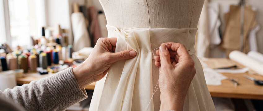 Seamstress hand sewing a bridal dress on a dress form in a sunlit atelier studio