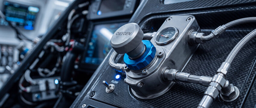 Oxygen control valve and pressure gauge mounted on a carbon-fiber instrument panel inside a cockpit, showing braided hoses, metal fittings and electronic displays for futuristic aviation systems.