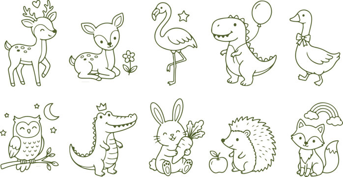 Adorable line art drawings of cute forest animals like deer flamingo owl crocodile bunny hedgehog fox and duck.