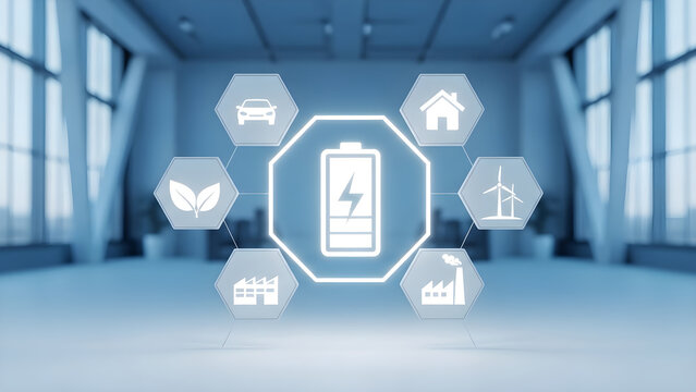 Sustainable Energy Ecosystem Concept Featuring Battery Storage and Environmental Infrastructure Icons in a Modern Digital Interior Space