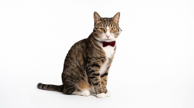 cat tabby feline glasses spectacles bowtie red bowtie smart intelligent geek nerd cute adorable funny humorous dressed up costume fashion accessories sitting posing isolated