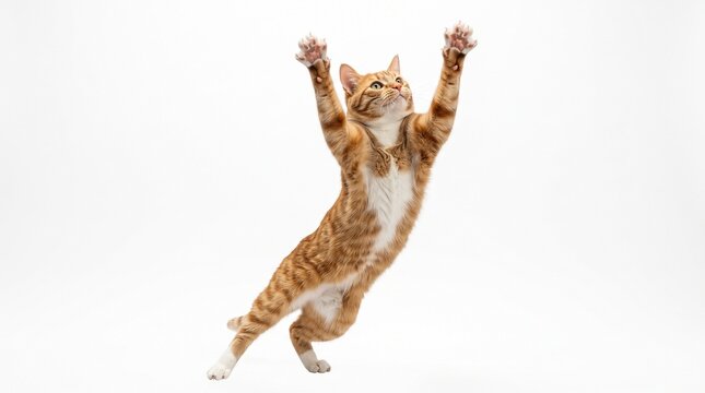 cat ginger tabby orange jumping leaping pouncing reaching playing active athletic dynamic action paws claws stretched upward isolated white background cute funny playful energetic