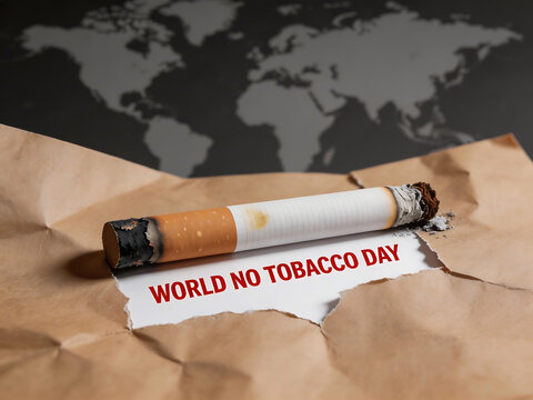 Cigarette on torn paper with world map