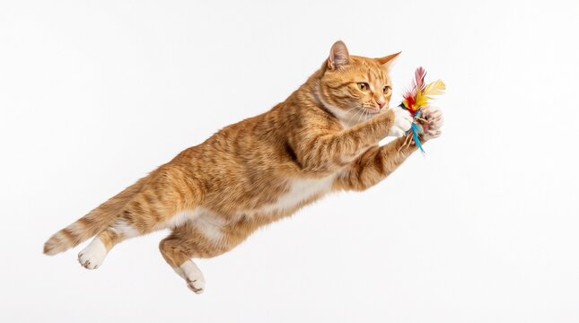 red tabby cat ginger cat orange cat jumping cat leaping cat flying cat action shot jumping air mid air catching toy playing playful playtime catching pouncing hunting toy feathers